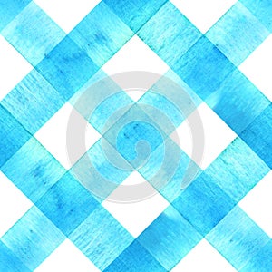 Watercolor diagonal stripe plaid seamless pattern. Teal blue stripes on white background