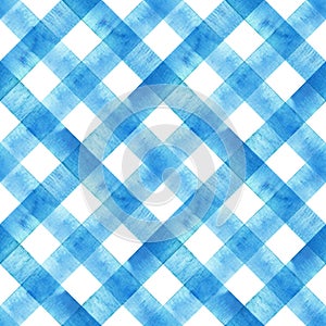 Watercolor diagonal stripe plaid seamless pattern. Blue stripes on white background