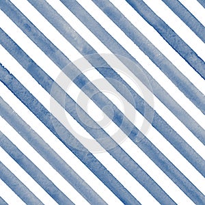 Watercolor diagonal stripe seamless pattern. Blue stripes on white background