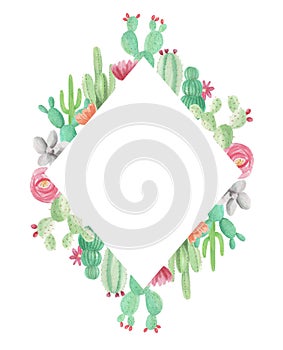 Watercolor Diamond Cactus Cacti Succulents Green Frame Wedding Spring Summer