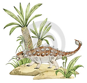Watercolor dinosaur illustration with prehistoric landscape. Hand drawn Ankylosaurus