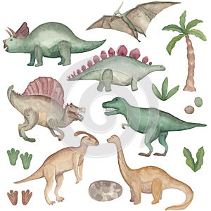 Watercolor dinosaurs set Isolated on white background Hand painted illustration Prehistoric animals clipart Perfect for