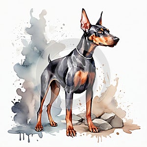 Watercolor Doberman clipart, aquarela style, with some rocks behind, colorful. Generative AI photo