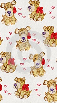 Watercolor dogie pattern. Watercolor paper texture on the background. Dogie with red bow. Valentines pattern