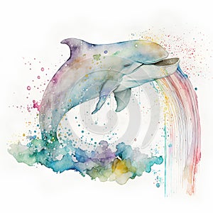 Watercolor dolphin jumping out of the water. Hand drawn illustration.