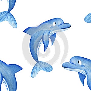 Watercolor dolphin pattern. Hand drawn cartoon background design dolphin  on white background. Background for children`s paper, fa