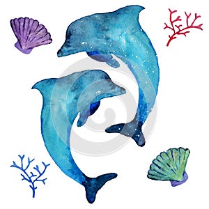 Watercolor dolphins and sea inhabitants, isolated on a white background.