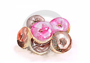 Watercolor donut set isolate on white background, caramel, pink