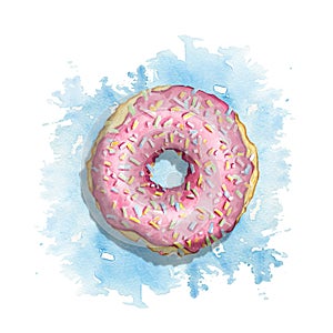 Watercolor donut with strawberry glaze and colorful sprinkle on blue stain