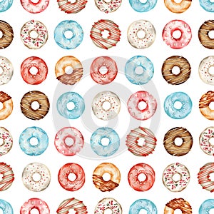 Watercolor donuts seamless pattern. Cute illustration. Handmade with paints on paper. Vintage tasty print