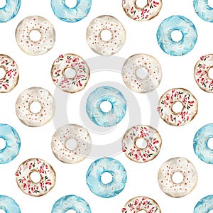 Watercolor donuts seamless pattern. Cute illustration. Handmade with paints on paper. Vintage tasty print
