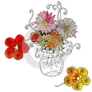 Watercolor doodle bouquet of beautiful summer flowers in vase.