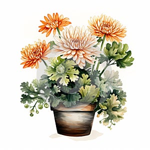 Watercolor Doodle Of Chrysanthemum Flower And Plants In Pot photo