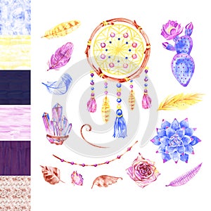 Watercolor doodle dreamcatcher set isolated on white background. Ribbons, dreamcatcher, feathers. Perfect for design of
