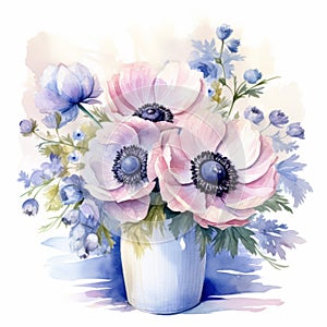 Watercolor Anemone Bouquet: Delicate Shading And Colorful Arrangements photo