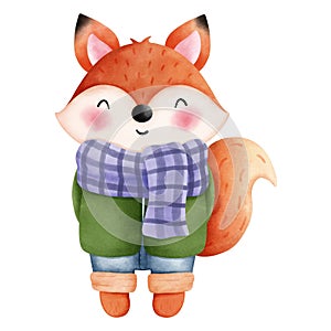 Watercolor dorable autumn fox illustration.Autumn animal decoration