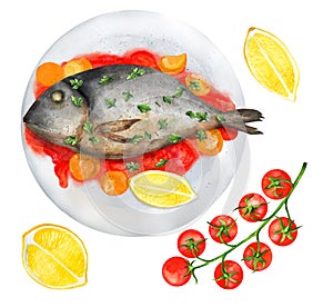 Watercolor dorado fish with lemon and parsley