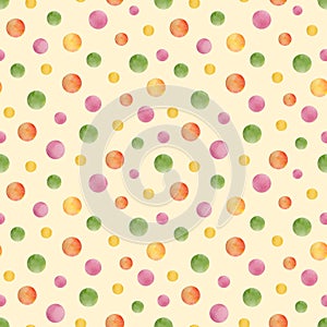 Watercolor dots seamless pattern. Red, green, pink polka dot repeated tile on light yellow background. Bright colorful