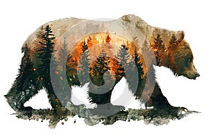 Watercolor Double Exposure of a Brown Bear and Forest, isolated on white . AI generated Illustration