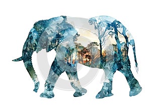 Watercolor Double Exposure of an Elephant and Forest, isolated on white background. AI generated