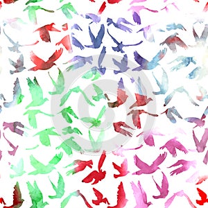 Watercolor Doves and pigeons seamless pattern on white background for peace concept and wedding design. Vector