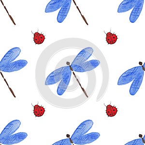 Watercolor dragonfly and ladybug on a white background. Seamless pattern