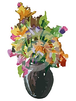 Watercolor drawing of abstract colorful wildflowers bouquet in ceramic vase isolated on white background