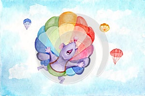 Watercolor drawing - adventures of a mouse in a balloon