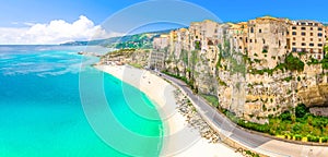 Watercolor drawing of Aerial panoramic view of Tropea town and beach coastline of Tyrrhenian Sea