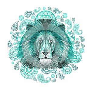 Watercolor drawing of an animal mammal predator, turquoise lion, turquoise mane, lion-king of beasts, portrait of majesty, strengt