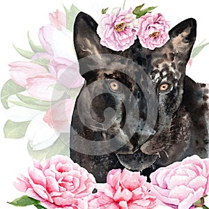 Watercolor drawing of an animal - panther in flowers