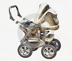 Watercolor drawing baby carriage