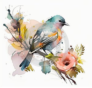Watercolor drawing of a beautiful little bird on a branch with a flower