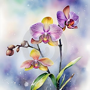 watercolor drawing of beautiful rainbow orchid, on a wintry background.