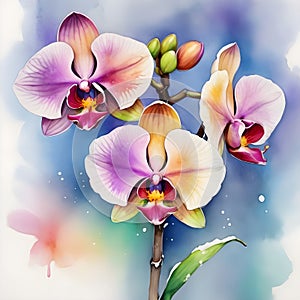 watercolor drawing of beautiful rainbow orchid, on a wintry background.