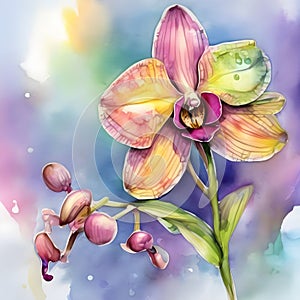 watercolor drawing of beautiful rainbow orchid, on a wintry background.