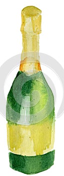 A watercolor drawing of a bottle of champagne on white background.