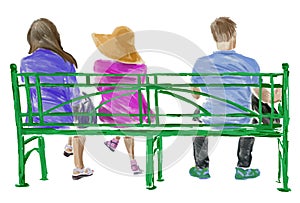 Watercolor drawing of casual young townspeople sitting on park bench on summer day