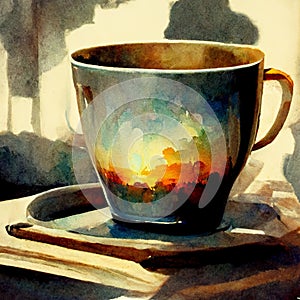 Watercolor drawing ceramic cup of hot coffee with milk or cappuccino