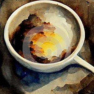 Watercolor drawing ceramic cup of hot coffee with milk or cappuccino