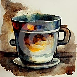 Watercolor drawing ceramic cup of hot coffee with milk or cappuccino