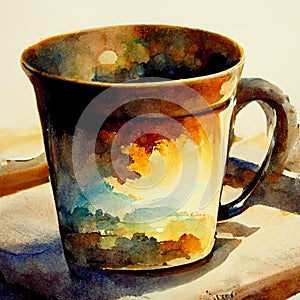 Watercolor drawing ceramic cup of hot coffee with milk or cappuccino