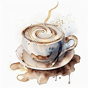 Watercolor drawing ceramic cup of hot coffee with milk or cappuccino