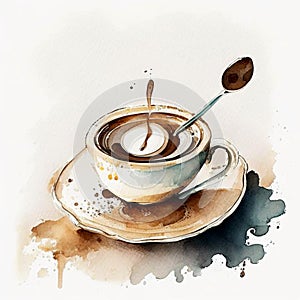 Watercolor drawing ceramic cup of hot coffee with milk or cappuccino