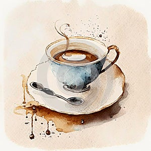 Watercolor drawing ceramic cup of hot coffee with milk or cappuccino