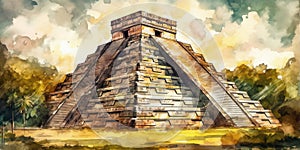 Watercolor drawing of the Chichen Itza monument of the Mayans.