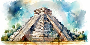 Watercolor drawing of the Chichen Itza monument of the Mayans. photo