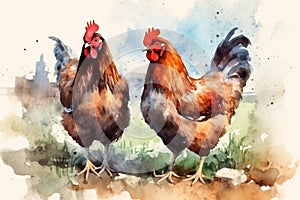 watercolor drawing chickens walking around the farm yard