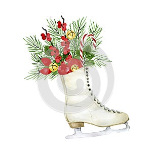 Watercolor drawing. Christmas composition with Christmas plants, vintage skates, poinzeta, red berries, fir branches and cones.