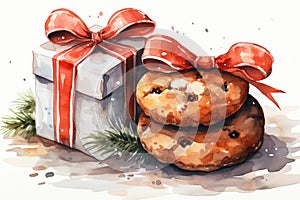 Watercolor drawing Christmas cookies packed and with ribbon, on white background.